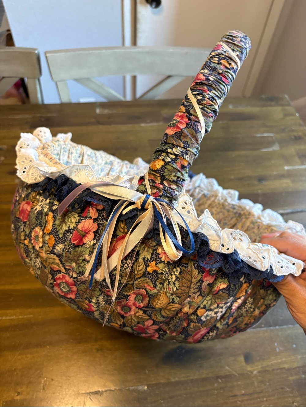 Vintage Large Puff Basket Fabric Lace Handmade Sewing Cottage Grandmacore Floral